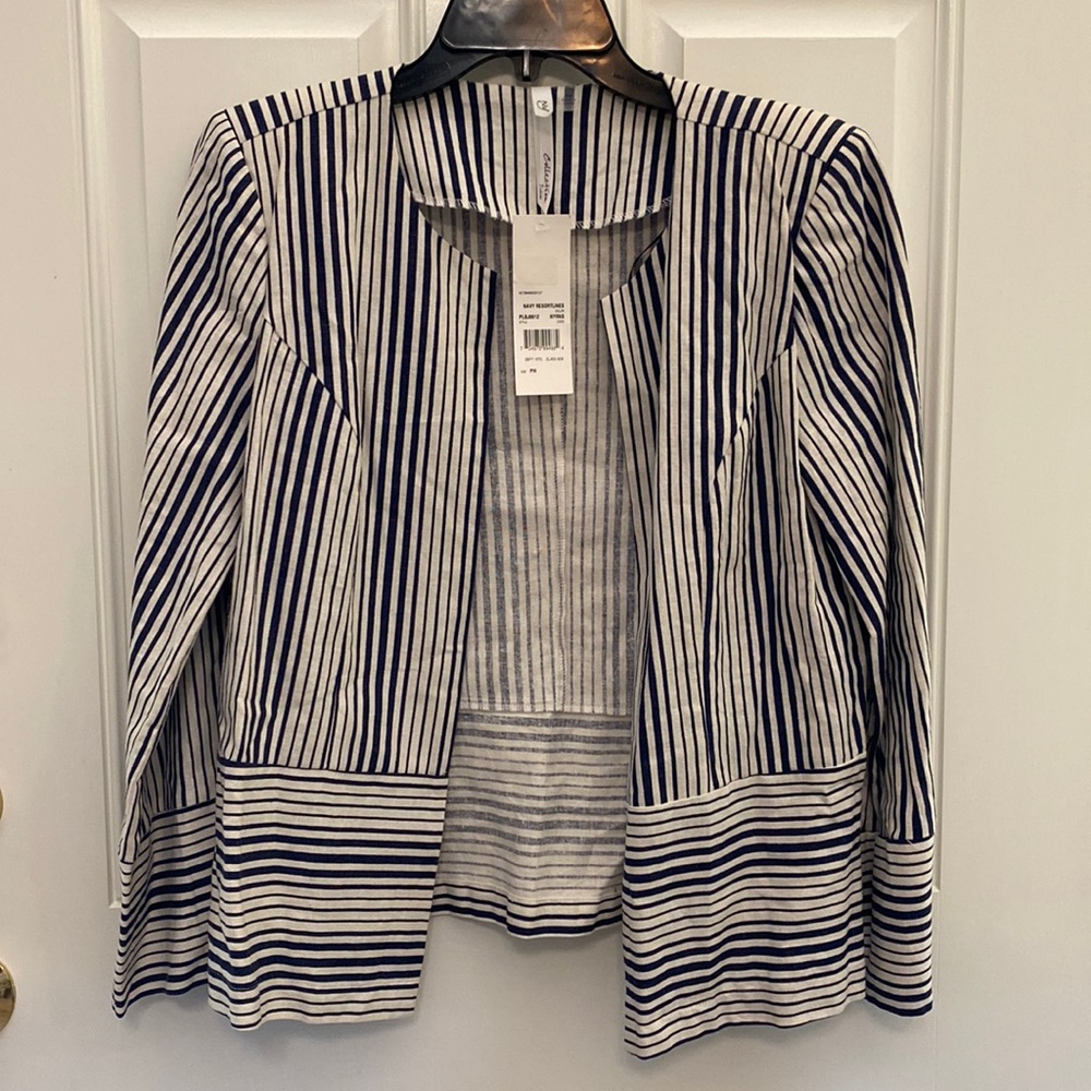 NY Collection Women's Long Sleeve Ivory & Blue Striped Jacket - Petite Medium